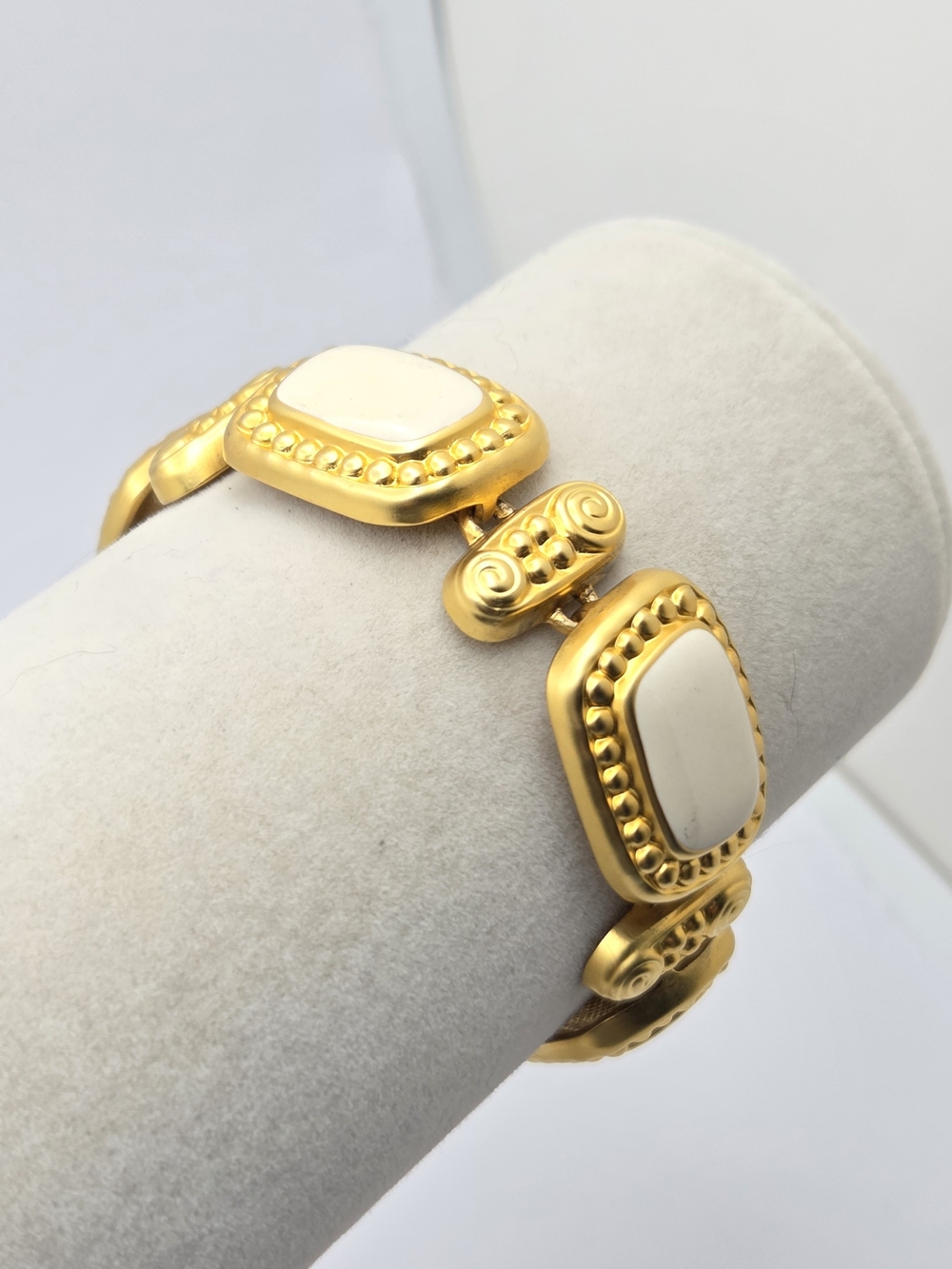 Vintage MCM Cream Enamel & Matte Gold Tone Link Bracelet